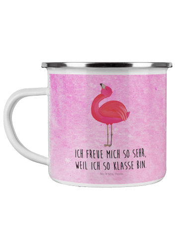 Mr. & Mrs. Panda Emaille Tasse Flamingo Stolz mit Spruch in Aquarell Pink