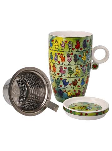 Goebel Teetasse mit Deckel und Sieb " James Rizzi Birds on a Love Wire " in Bunt