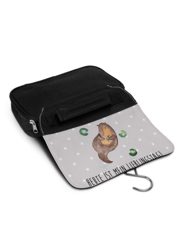 Mr. & Mrs. Panda Kulturtasche Otter Seerose mit Spruch in Grau Pastell