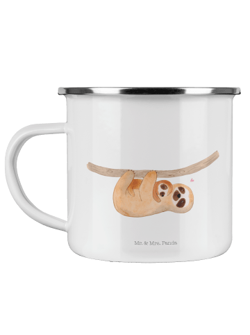 Mr. & Mrs. Panda Camping Emaille Tasse Faultier Kind ohne Spruch in Weiß