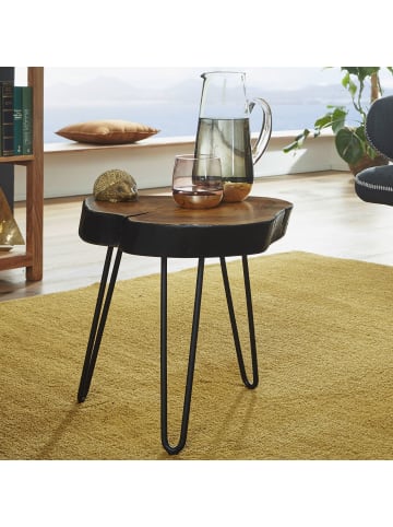 KADIMA DESIGN Beistelltisch Massivholz | Baumstammoptik, Metallbeine, Robust in Braun