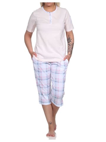 NORMANN Schlafanzug kurzarm karierter Capri Hose Jersey - 78813 in rosa