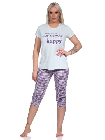NORMANN Capri Pyjama Schlafanzug Schriftzug und KaroHose in hellblau