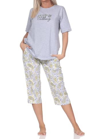 NORMANN Schlafanzug Capri kurzarm paisleyprint Übergrößen in grau-mel.
