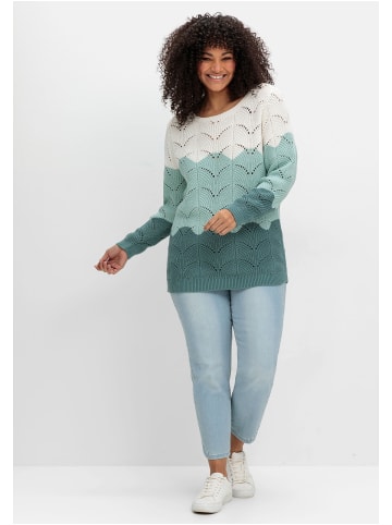 sheego Pullover im Ajourstrick, mit Colourblocking in jade gemustert