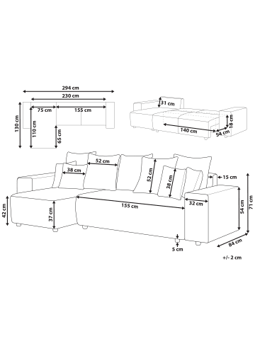 Beliani Ecksofa LUSPA in Grau/Schwarz - (W) 294 x (H) 71 x (L) 130 cm
