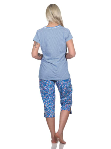 NORMANN Kurzarm Schlafanzug Caprihose Oberteil gestreift Hose floral in marine