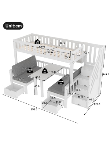 ABRIHOME 90x200cm Multifunktionales Kinder-Hochbett 2 in 1 Bett und Schreibtisch