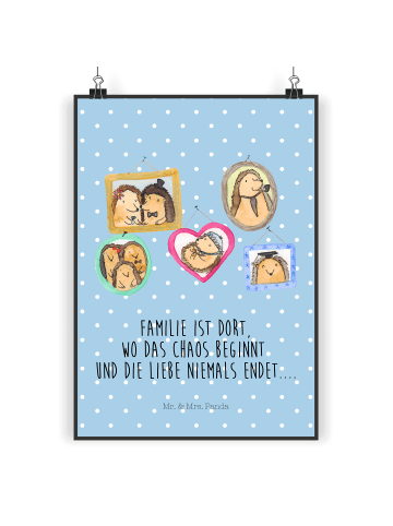 Mr. & Mrs. Panda Poster Igel Familie mit Spruch in Blau Pastell