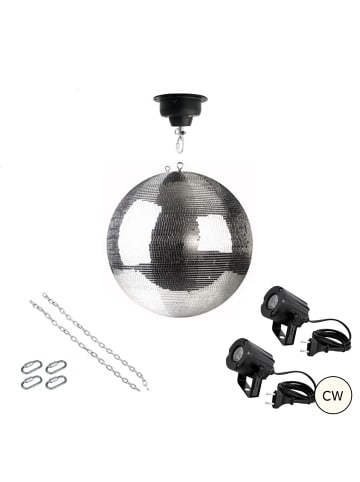 SATISFIRE Spiegekugel Set mit Motor und 2 CW Spots in silber - Durchmesser: 40cm