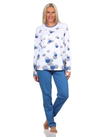 NORMANN Langarm Schlafanzug Pyjama Tupfen Punkte Look in blau