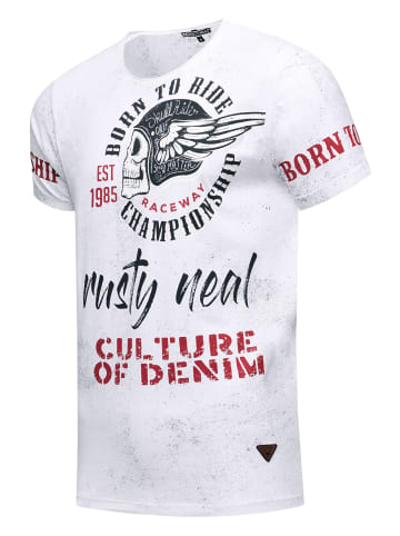 Rusty Neal Vintage Biker T-Shirt Oil Wash mit Raw Edge & Front- und Backprint in Weiß