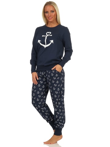 NORMANN Schlafanzug Pyjama Bündchen Anker in marine