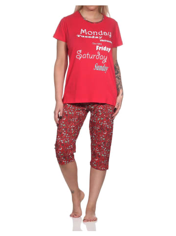 NORMANN Damen Capri Pyjama mit Allover-Muster und Frontprint - 86332 in rot
