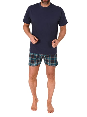 NORMANN Schlafanzug kurzarm Shorty mit karierter Jersey Hose - 86249 in marine