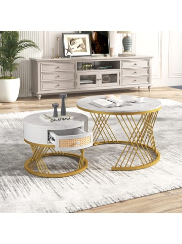 ABRIHOME Couchtisch in Weiß 2-in-1 set mit Marmorplatte Ø70/50 cm, H 45/38cm