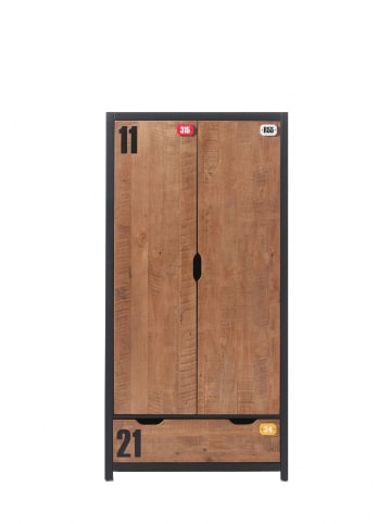 58 aufm Kessel KINDERZIMMERSCHRANK Kameko 100x55x200 MDF+Massivholz Schwarz/Cognac