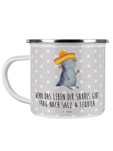 Mr. & Mrs. Panda Becher Emaille Axolotl Tequila mit Spruch in Grau Pastell
