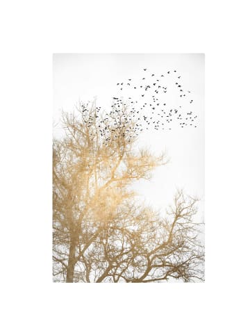 WALLART Leinwandbild - Vogelschwarm vor goldenem Baum in Gold