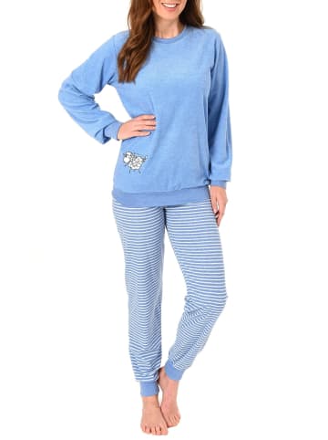 NORMANN Frottee Pyjama Schlafanzug Bündchen und Tier Applikation - 51789 in hellblau