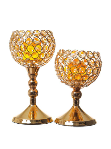 MARELIDA 2x Kerzenhalter Teelichthalter Kelch Windlicht Kristall mit 2 LED Kerzen in gold