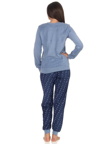 NORMANN Frottee Pyjama Schlafanzug langarm Bündchen in blau