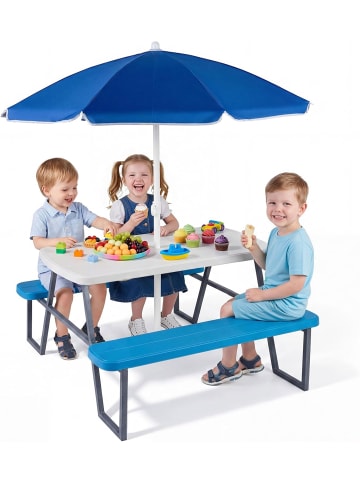 COSTWAY Kindersitzgruppe Outdoor HDPE mit Sonnenschirm in Blau