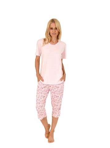 NORMANN Capri Pyjama Schlafanzug kurzarm Spitzenbesatz in rosa