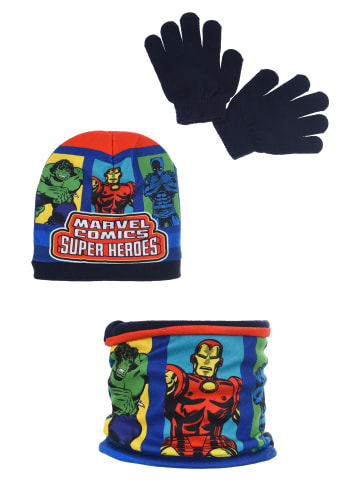 Avengers 3tlg. Set: Mütze, Schal und Handschuhe Hulk Iron Man Black Panther in Dunkel-Blau