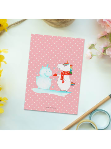 Mr. & Mrs. Panda Postkarte Einhorn Schneemann ohne Spruch in Rot Pastell