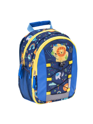 Belmil Kindergartenrucksack "Mini Kiddy Little Jungle" in blau, gelb, Brustgurt, Namensschild, H 23 cm L 20 cm T 9 + 6 cm