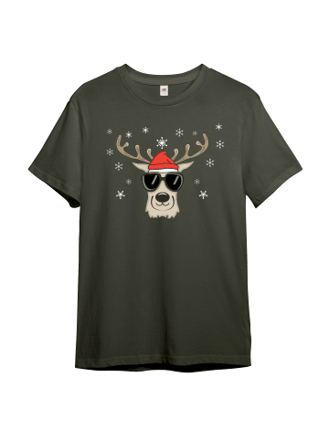 PAULGOS Herren T-Shirt, Weihnachtshirsch mit Brille und Mütze in Olive