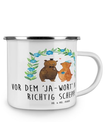 Mr. & Mrs. Panda Camping Emaille Tasse Polterabend Spaß mit Spruch in Weiß