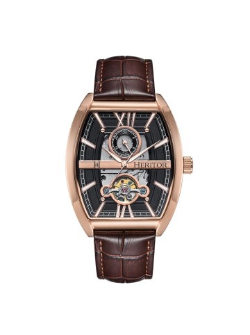 Heritor Masterson Halbskelett-Uhr mit Lederarmband in Rose Gold/Brown