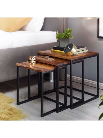 KADIMA DESIGN Beistelltisch-Set aus Sheesham Massivholz und Metall, stilvolles Trio