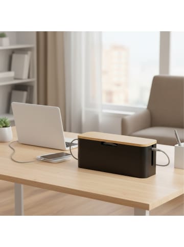 relaxdays Kabelbox in Natur/ Schwarz - (B)34 x (H)14,5 x (T)11 cm