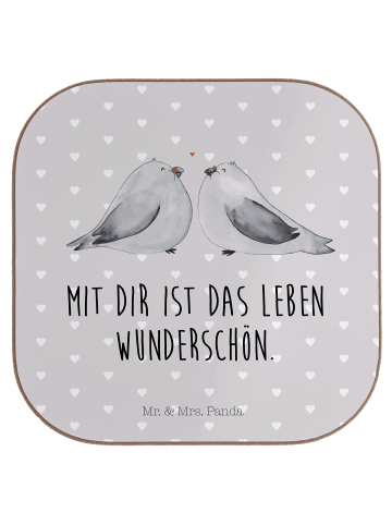 Mr. & Mrs. Panda Glasuntersetzer Turteltauben Liebe mit Spruch in Grau Pastell