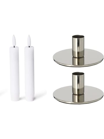 Novaliv 2er-Set Stabkerzenhalter Metall Silber 10x5cm mit LED-Stabkerze Premiu in Silber