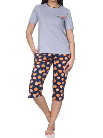 NORMANN Kurzarm Capri Schlafanzug Shorty Übergröße Pfirsich in grau-mel.