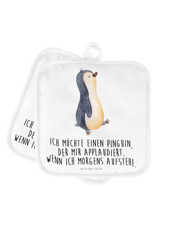 Mr. & Mrs. Panda 2er Set Topflappen  Pinguin marschieren mit Spruch in Weiß