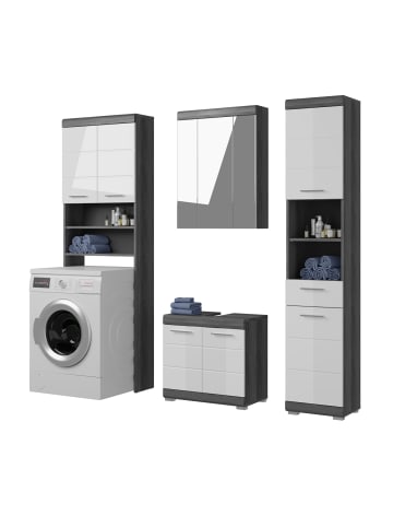 Inn.Furn Badmöbel-Set weiß Hochglanz, grau 4-teilig 190 cm, Komplettset mit 23 Fächern