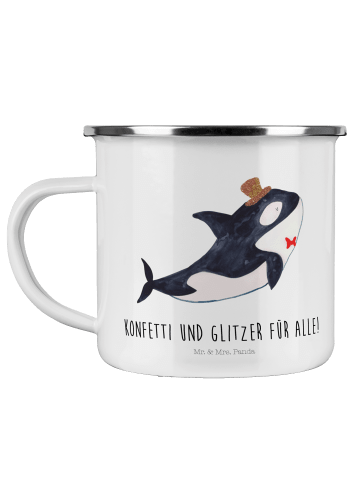 Mr. & Mrs. Panda Camping Emaille Tasse Orca Zylinder mit Spruch in Weiß