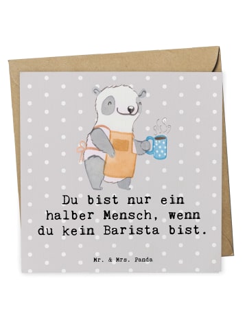 Mr. & Mrs. Panda Glückwunschkarte Barista Herz mit Spruch in Grau Pastell
