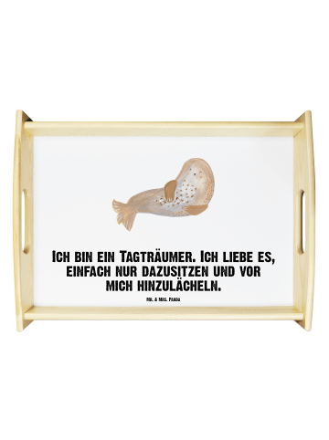 Mr. & Mrs. Panda Holztablett Robbe Lachen mit Spruch in Weiß