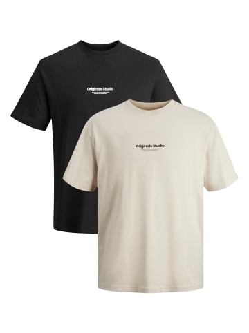 Jack & Jones 2-er Set Logo T-Shirt Kurzarm Shirt JORVESTERBRO in Schwarz-Beige