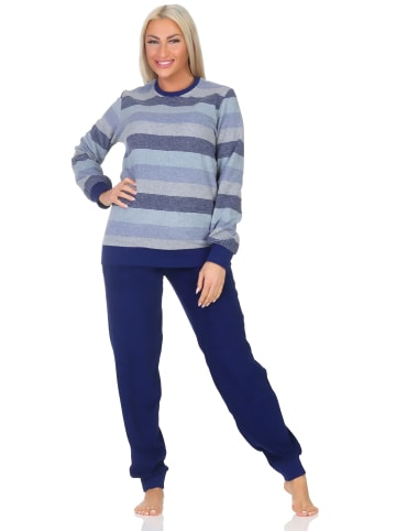 NORMANN Frottee Schlafanzug langarm Bündchen Streifenoptik - 87183 in blau