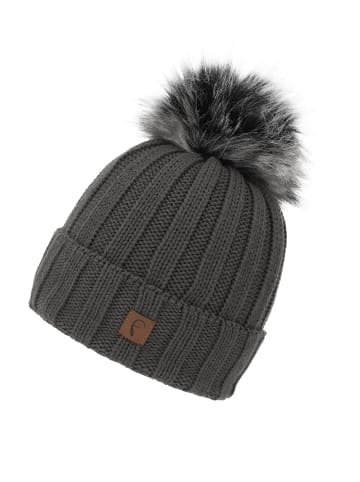 Faera Warme Beanie Strickmütze mit Bommel Thermo Futter in Dunkelgrau