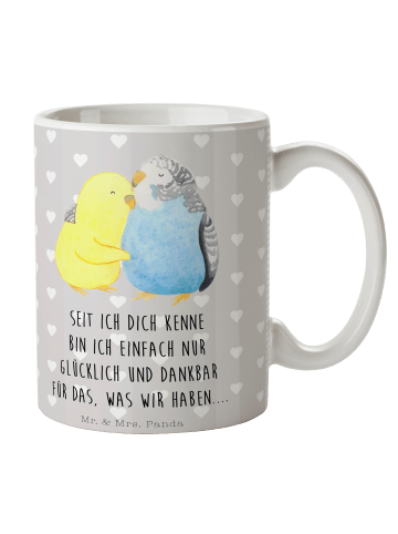 Mr. & Mrs. Panda Keramiktasse Wellensittich Liebe mit Spruch in Grau Pastell
