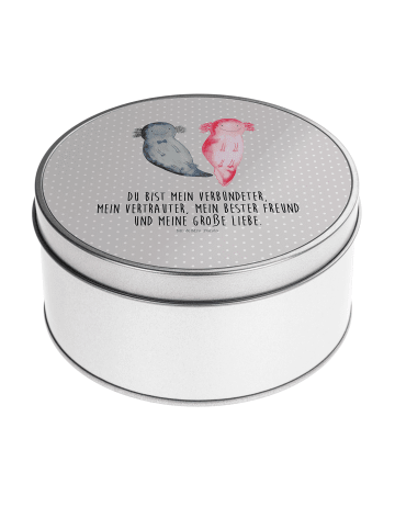 Mr. & Mrs. Panda Blechdose rund Axolotl Freundin mit Spruch in Grau Pastell
