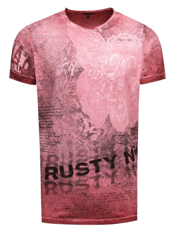 Rusty Neal Vintage Biker T-Shirt mit Skull All Over Print, Oil Wash & Raw Edge in Weinrot